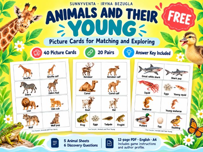 Animals and Their Young – Free Picture Cards with a Matching Game, Discovery Questions and Answers