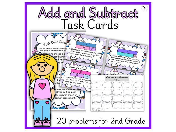 Add and Subtract Bar Model Word Problem Task Cards for Math