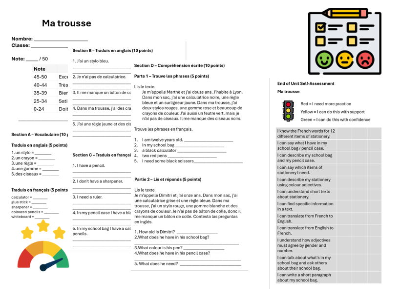 Pencil Case (French) – Assessment, Mark Scheme & Self Assessment