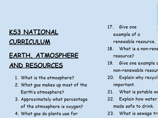 KS3 Chemistry: Earth, Atmosphere and Resources – 30 Question Retrieval Worksheet