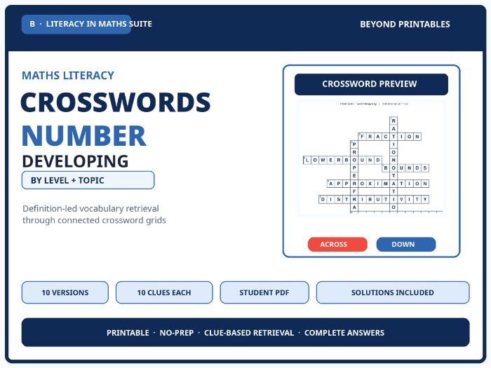 Maths Literacy Crosswords: Developing Number Vocabulary | 10 Puzzles with Solutions