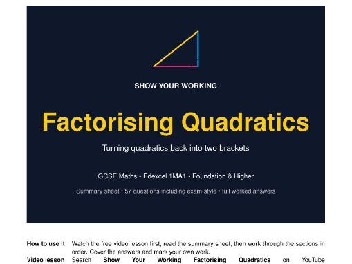 Factorising Quadratics GCSE Maths Revision Pack | Edexcel 1MA1 | Worked Answers