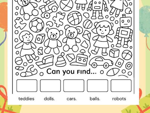I Spy Counting and Colouring Sheet Toy Themed