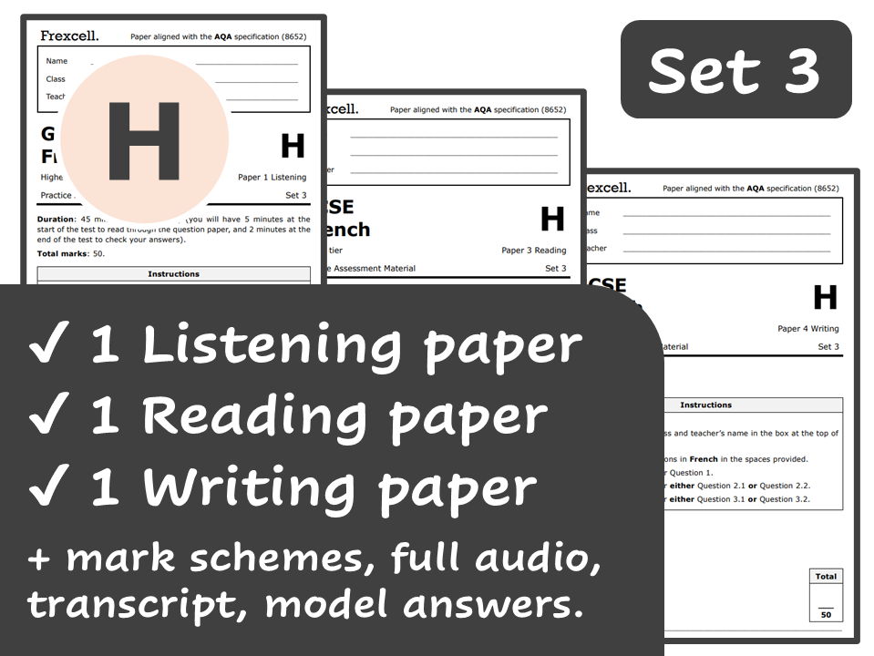 AQA GCSE French (2026) – Higher Practice Paper Pack (Set 3)