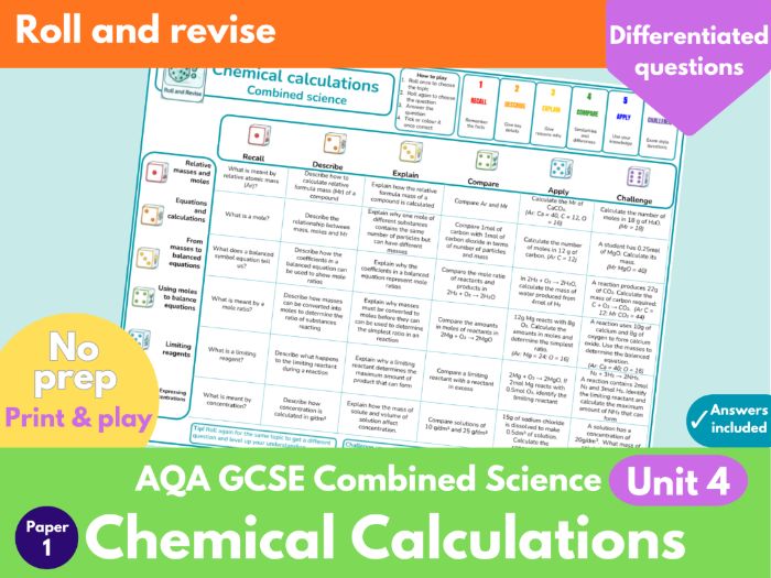 AQA GCSE Combined Science Chemistry Unit 4 Chemical Calculation Dice Retrieval Game | GCSE Chemistry