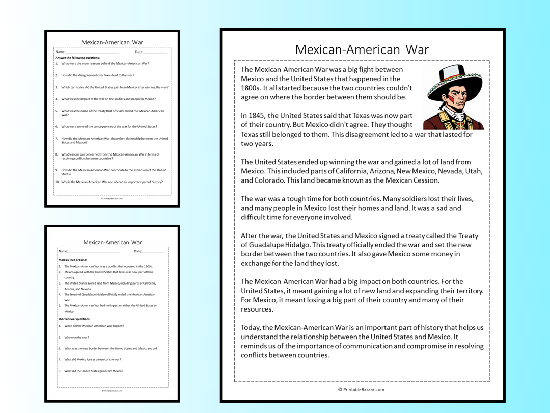 Mexican-American War Reading Comprehension Passage Printable Worksheet ...