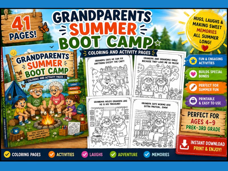 Grandparents Summer Coloring Book Printable PDF for Kids Ages 4-9 | 41 Fun Coloring and Activity