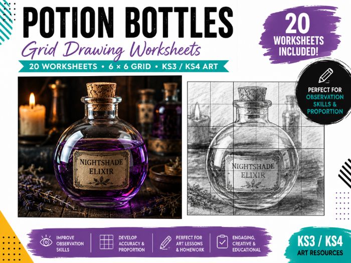 Potion Bottles Grid Drawing Worksheets | 20 Halloween Art Activities | KS3 & KS4