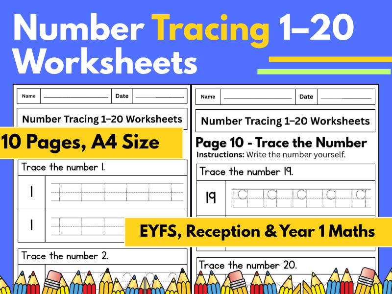 Number Tracing 1–20 Worksheets | Number Formation Practice | EYFS, Reception & Year 1 Maths
