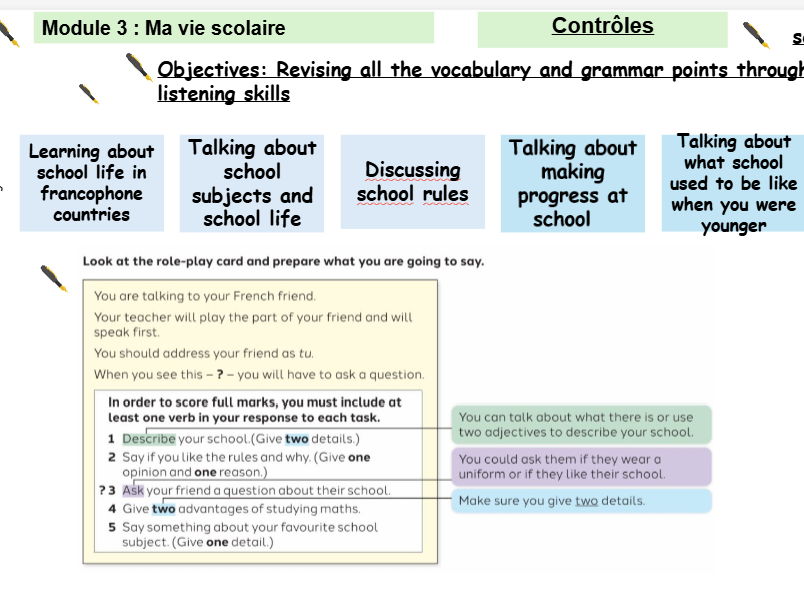 New French AQA Higher GCSE Module 3 Ma vie scolaire Contrôles Listening, speaking, writing and speak
