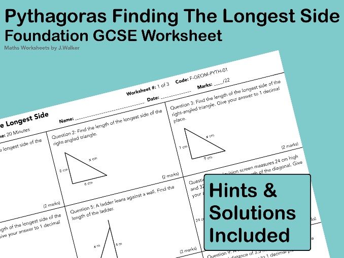GCSE Maths Worksheet: Pythagoras Finding The Longest Side - Foundation Tier