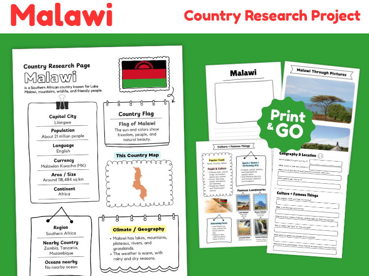 Malawi Country Research Project | Geography & Culture Worksheets