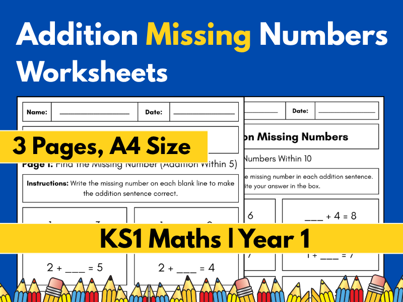 Addition Missing Numbers Worksheets | KS1 Maths | Year 1