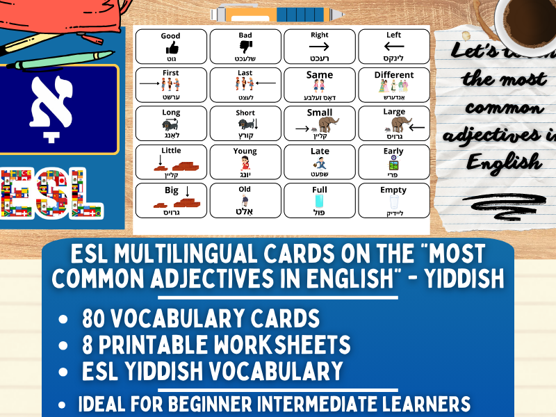 ESL Multilingual Vocabulary Flashcards - Most Common Adjectives - Yiddish