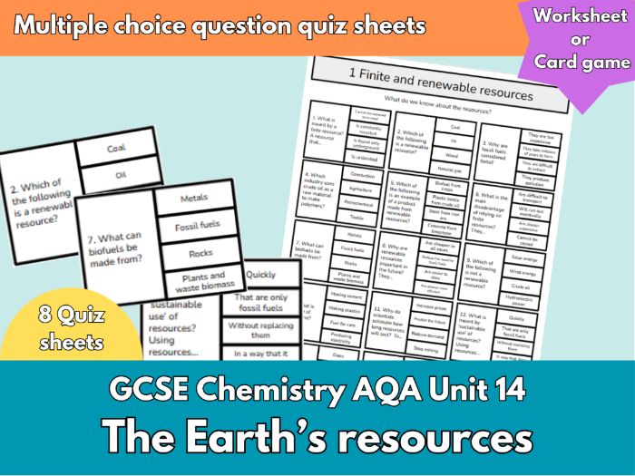 The Earth’s Resources Quiz Pack AQA GCSE Chemistry Unit 14 6 MCQ Worksheets with Answers