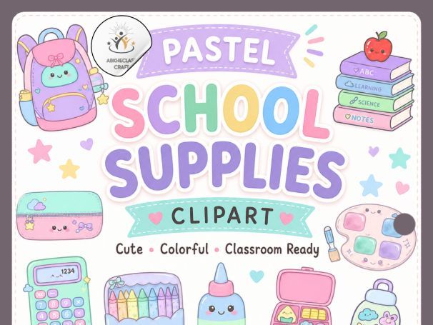 Pastel School Supplies Clipart | Cute Back to School Classroom Graphics