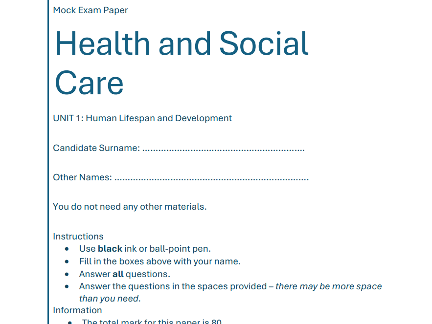 Health and Social Care AAQ - Unit 1 - Human Lifespan Development - Mock Assessment Paper