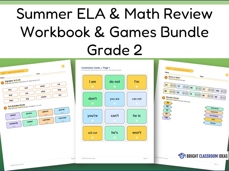 Summer ELA & Math Review Workbook & Games Bundle | Grade 2