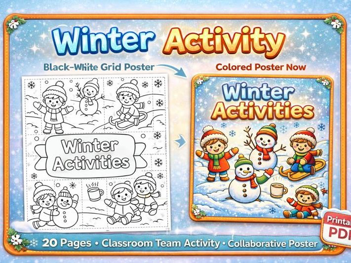 Winter Activities Class Poster – 20-Piece Cooperative Colouring Display