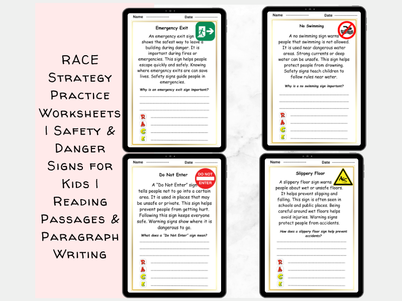 RACE Strategy Practice Worksheets | Safety & Danger Signs for Kids | Reading Passages & Paragraph Wr