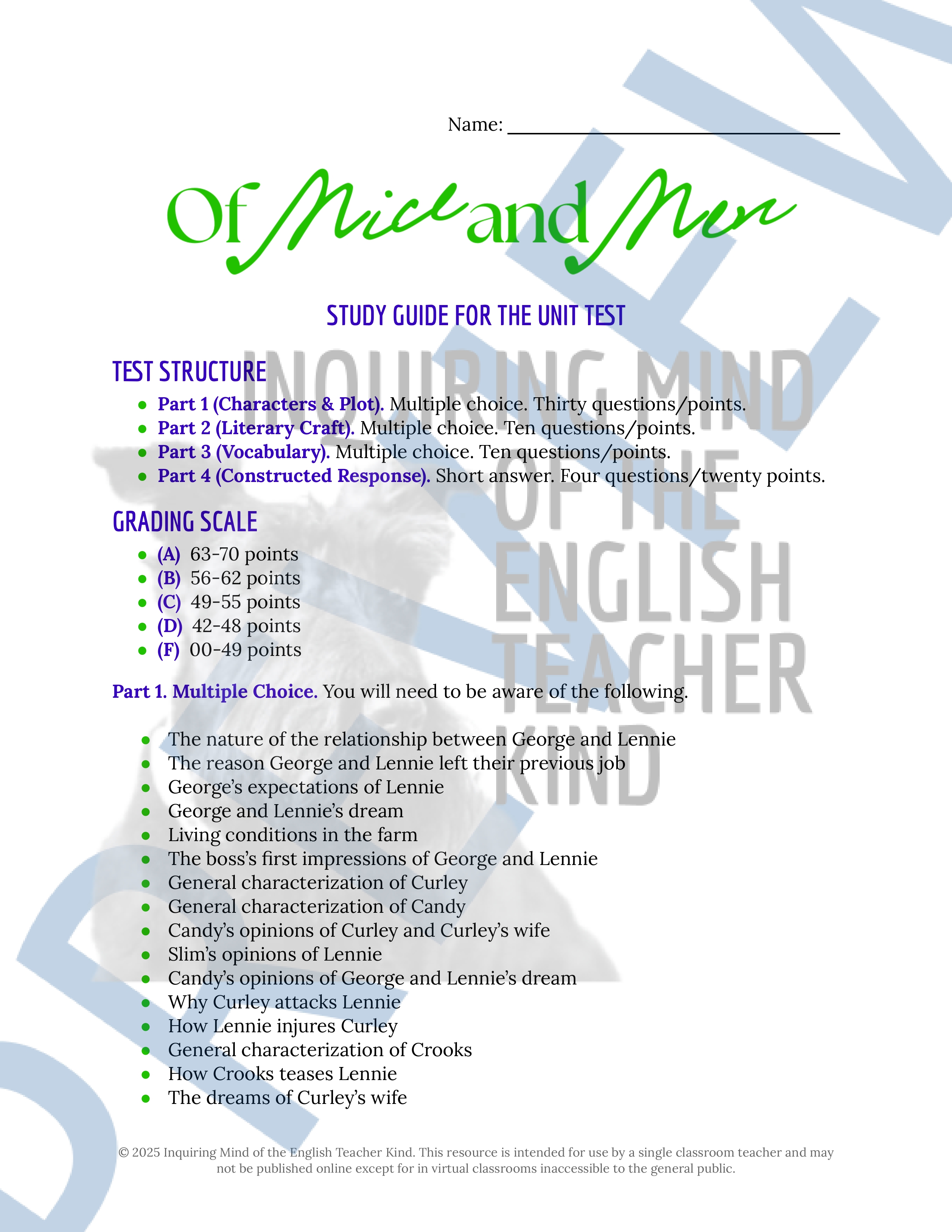 Of Mice and Men by John Steinbeck Test, Answer Key, and Study Guide ...