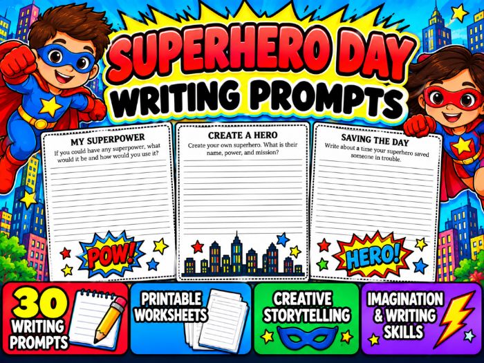 Superhero Day Writing Prompts | 30 Printable Worksheets