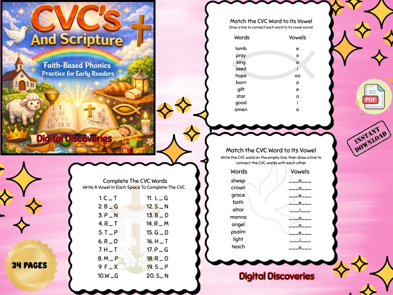 CVC Words with Scripture Printable Phonics Workbook for Kindergarten–1st Grade | Early Readers