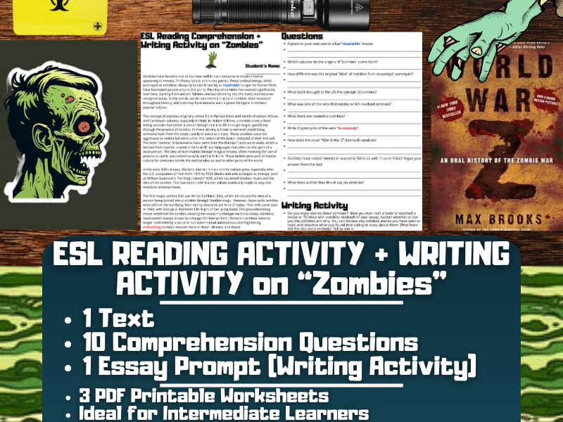ESL Reading Comprehension + Writing Activity Worksheets on "Zombies"