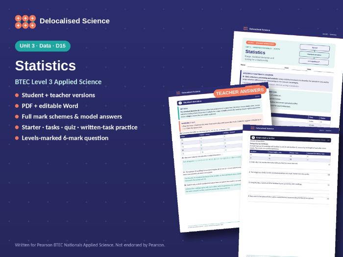 BTEC Applied Science Unit 3: Statistics (D15) - worksheet + answers