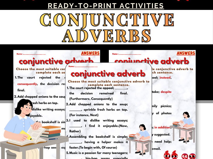 Conjunctive Adverbs Worksheets | Grammar & Writing Practice | Transition Words