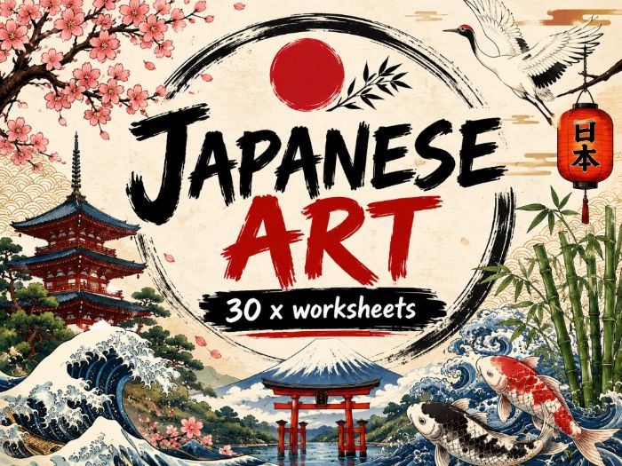 Japanese Art Drawing Challenges | 30 No-Prep KS3 Art Worksheets | Cultural Art Cover Lessons | Sketc