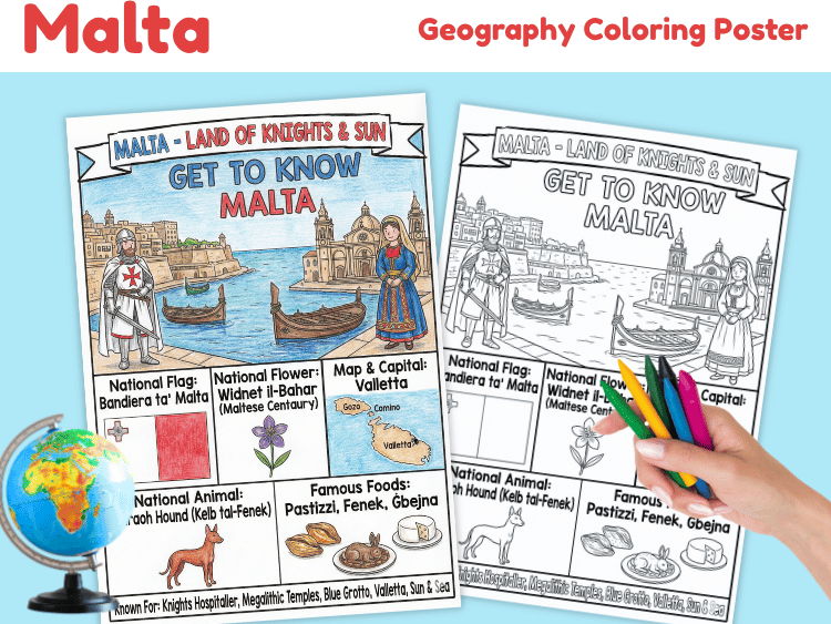 Malta Geography Coloring Poster | Country Facts & Culture