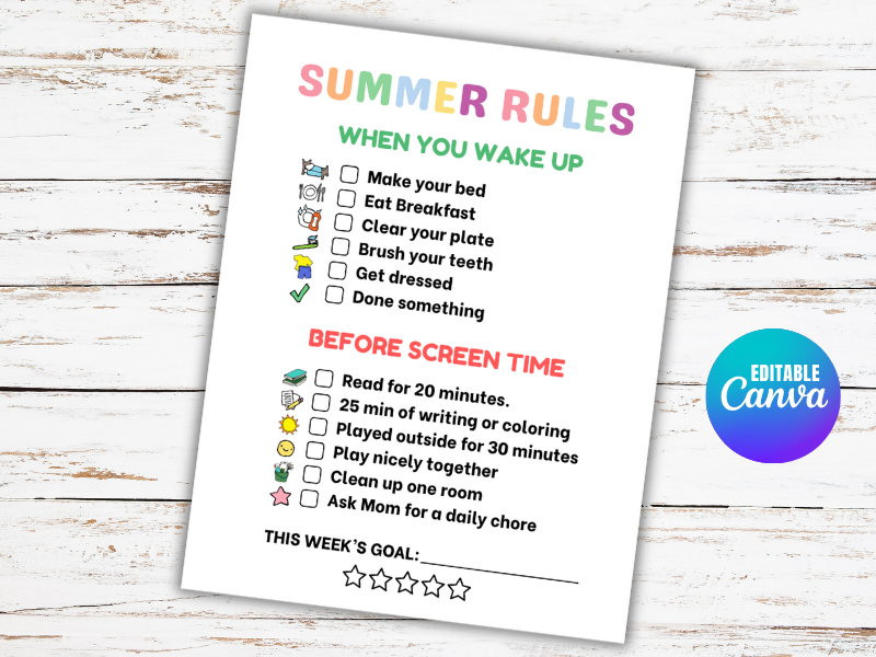 Editable Summer Chore Chart, Summer Checklist, Summer Rules, Screen Time Allowance