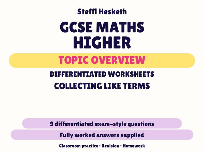 GCSE Higher Collecting Like Terms | Topic Overview Differentiated Worksheet