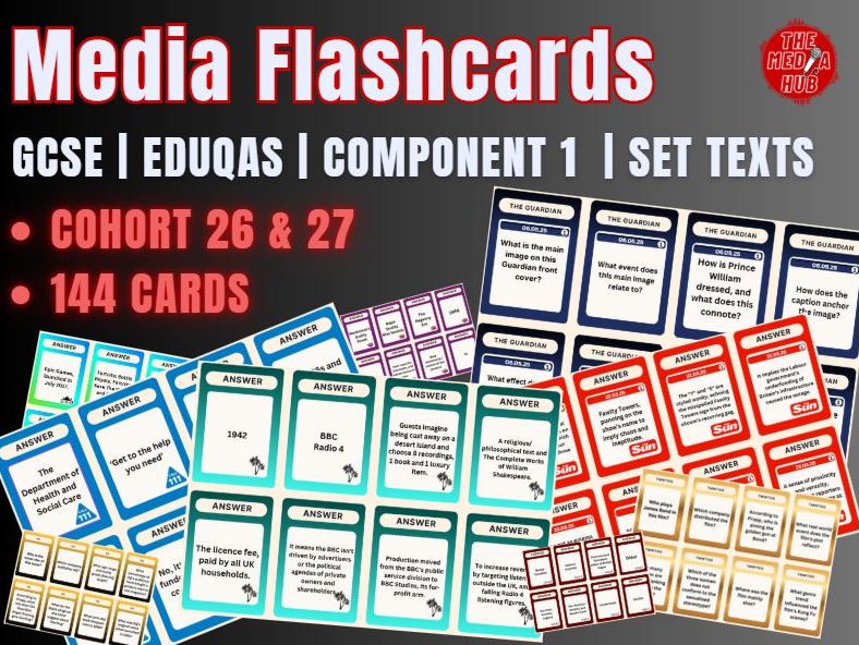 Media Revision Flashcards x 144 | GCSE Media Studies | Eduqas | Component 1 | Set Texts | 144