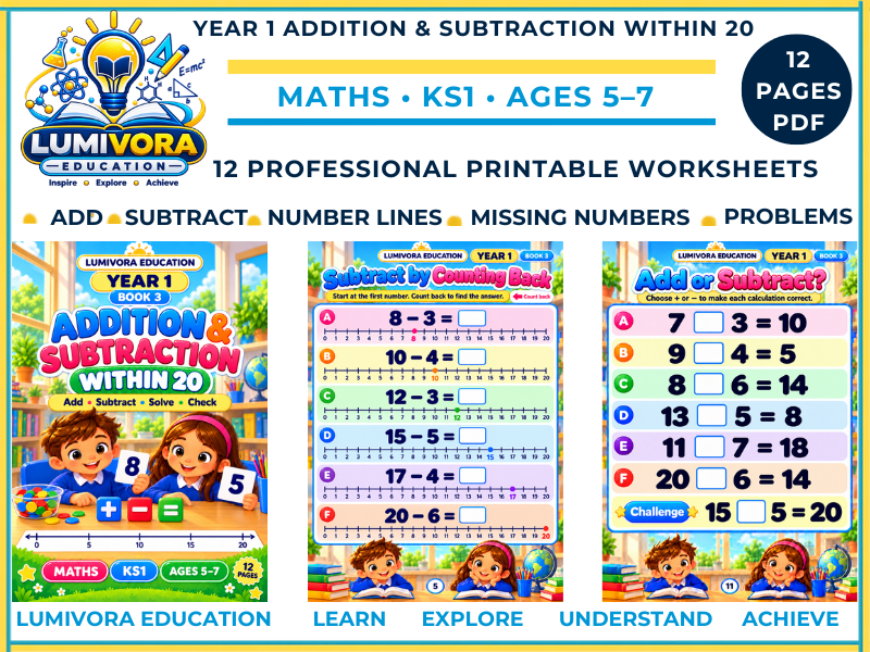 Year 1 Addition and Subtraction Within 20 Worksheets | Counting On, Number Lines | KS1 Maths