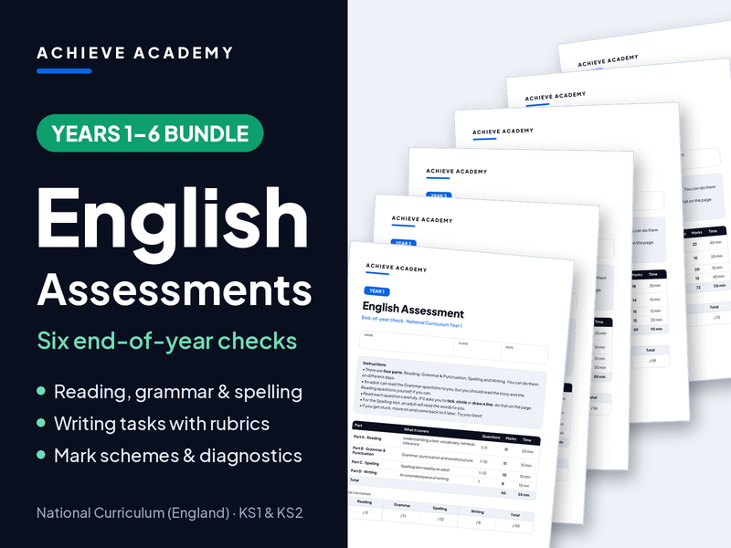 English Assessment Bundle – Years 1 to 6 – Reading, GPS, Spelling & Writing