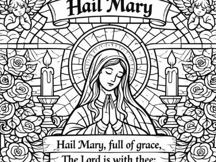 Hail Mary prayer stained glass style Colouring page and words