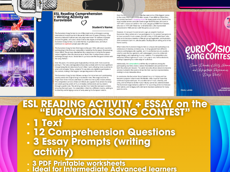 ESL Reading Comprehension + Writing Activity Worksheet on Eurovision