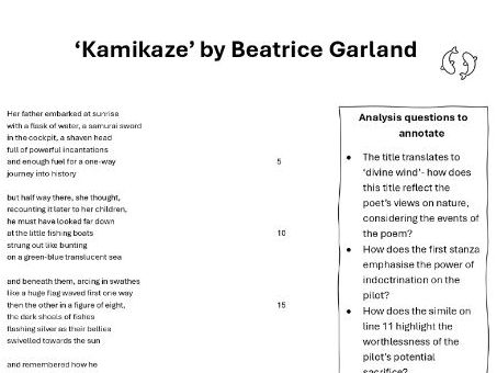 'Kamikaze' Poetry Revision Worksheet