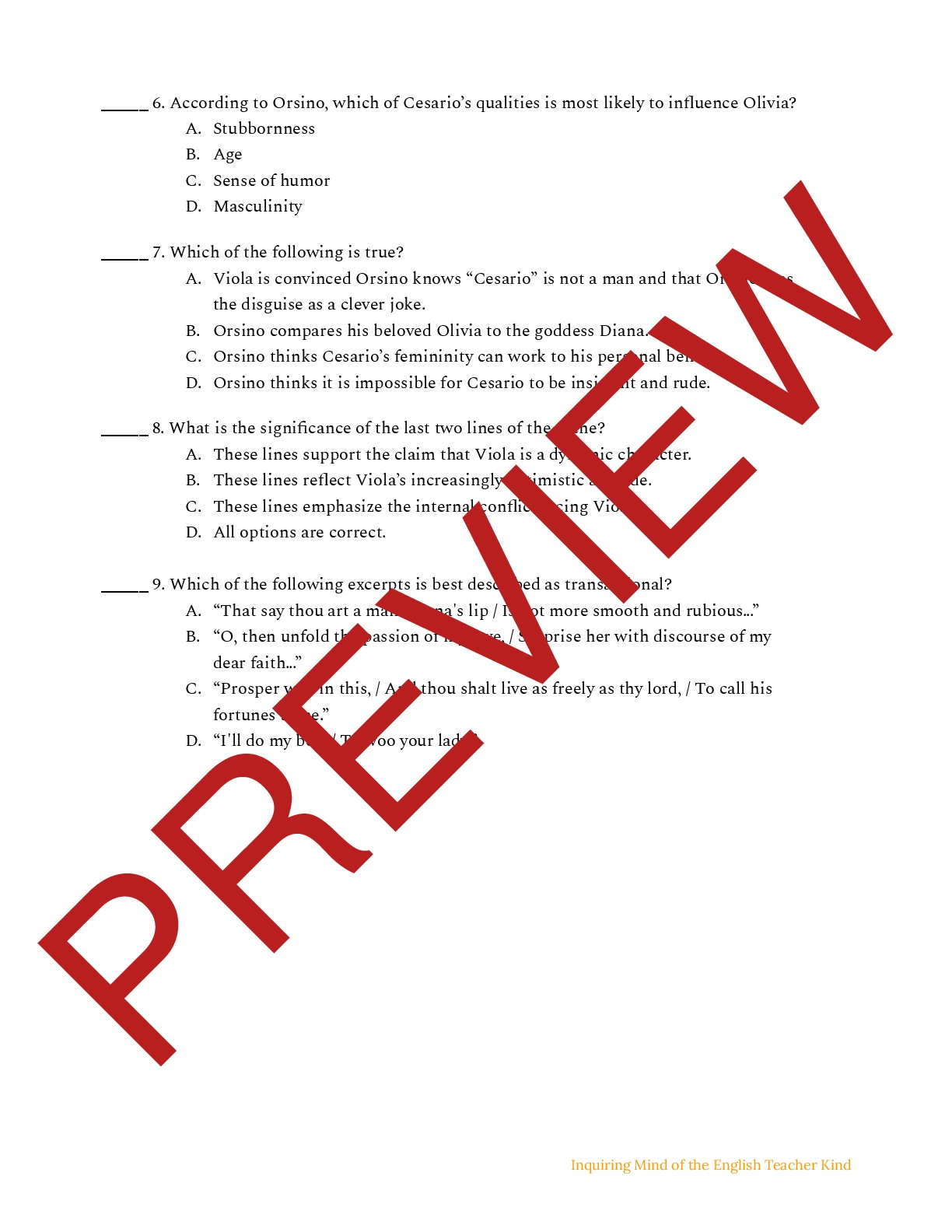 Twelfth Night Close Reading Worksheet Act 1, Scene 4 Teaching Resources