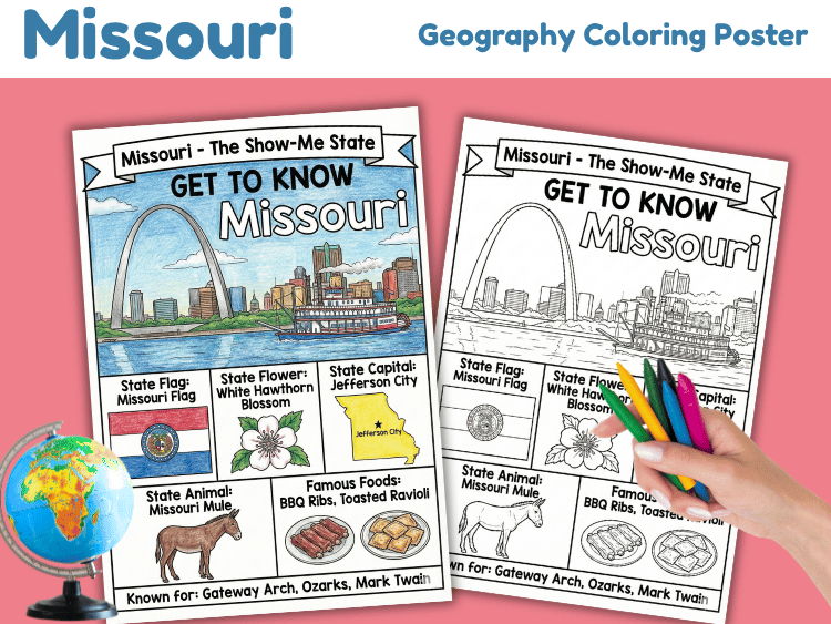 Missouri Geography Coloring Poster | U.S. State Facts & Symbols