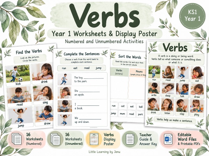 Year 1 Verbs Worksheets & Display Poster | Numbered and Unnumbered Activities