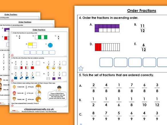 Grade 4 Math Worksheets: Ordering three fractions | K5 Learning