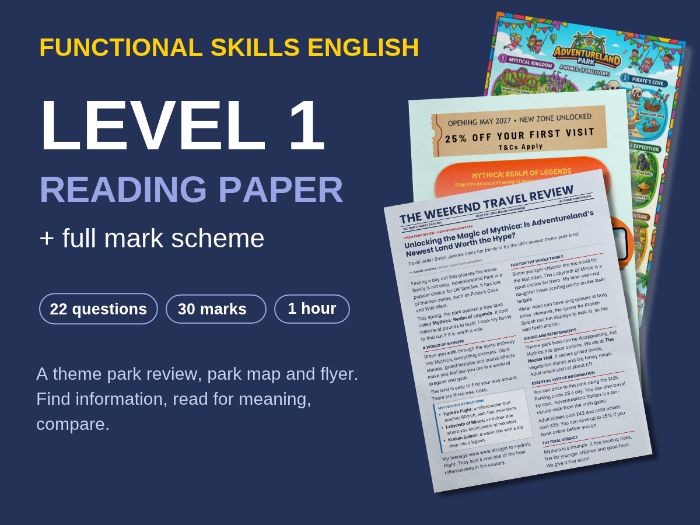 Functional Skills English Level 1 - Reading Practice Paper on Theme Parks - Review, Map & Promo Emai