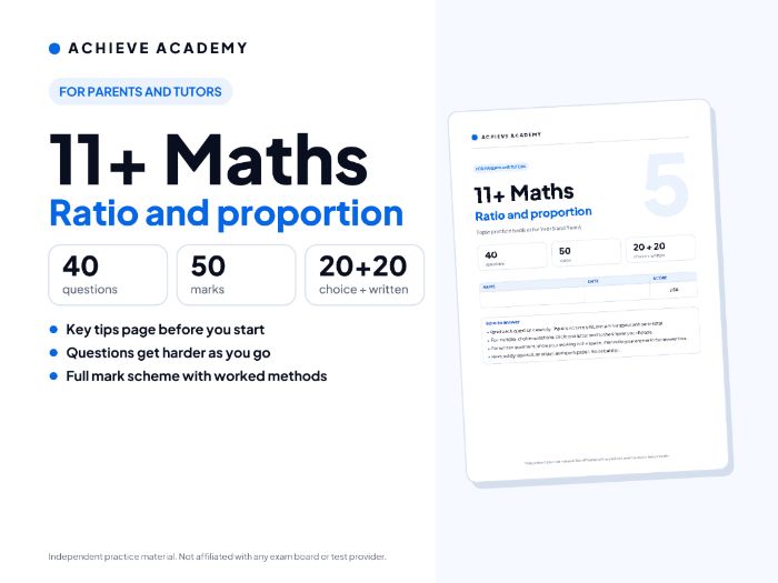 11+ Maths Topic Booklet: Ratio and proportion – Year 5/6 Practice with Mark Scheme
