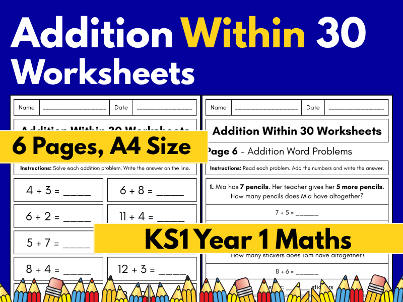 Addition Within 30 Worksheets | KS1 Maths | Year 1