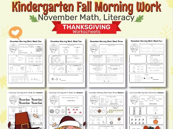 Kindergarten Autumn Morning Work | November Math, Literacy & Thanksgiving Worksheets