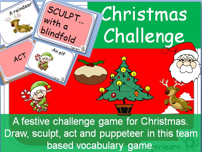 Festive Fun Christmas vocabulary card game. Act, draw, sculpt and puppeteer your way to victory!