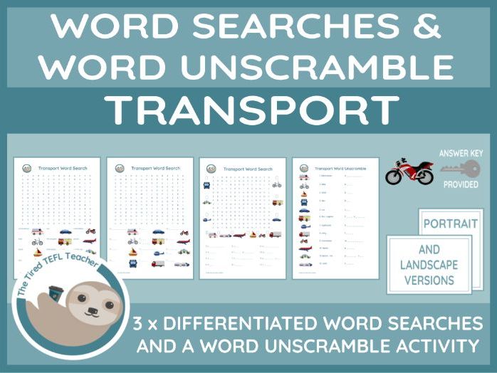 ESL Transport Differentiated Word Searches and Word Unscramble